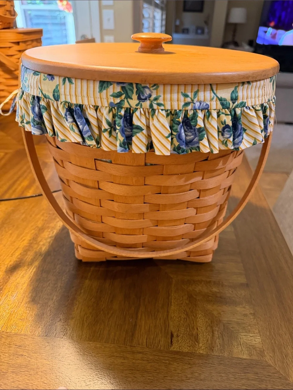 Longaberger Natural Wood Basket with Blue Floral Ruffle and Yellow Stripe Trim